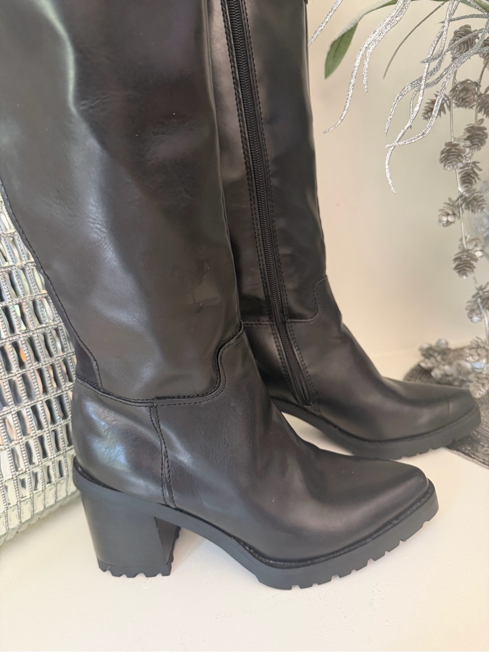 Beautiful Franco Sarto Black Over-the-Knee Zip Lug Sole Boots